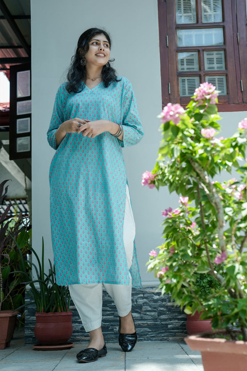 Droplet Printed Cyan Straight Kurta