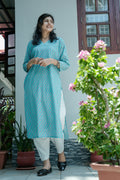 Droplet Printed Cyan Straight Kurta
