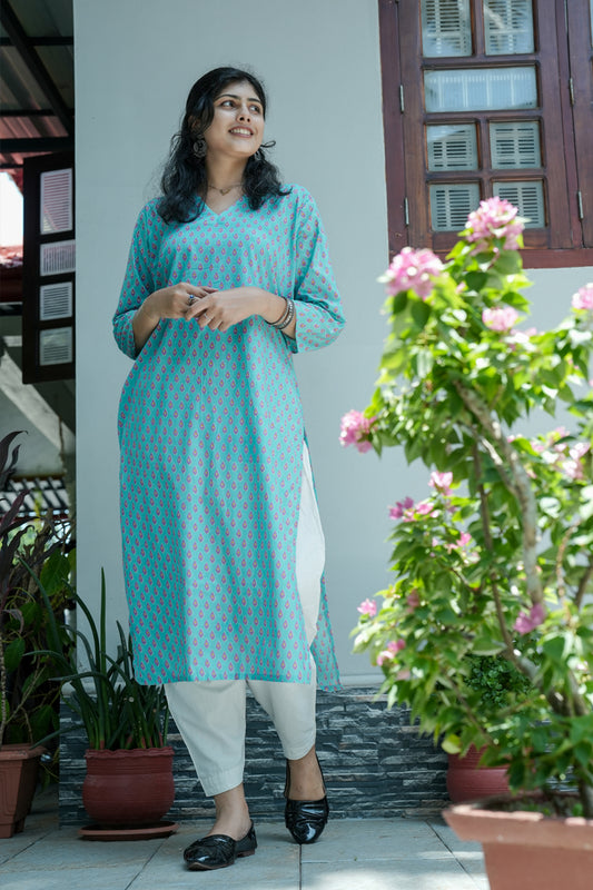 Droplet Printed Cyan Straight Kurta