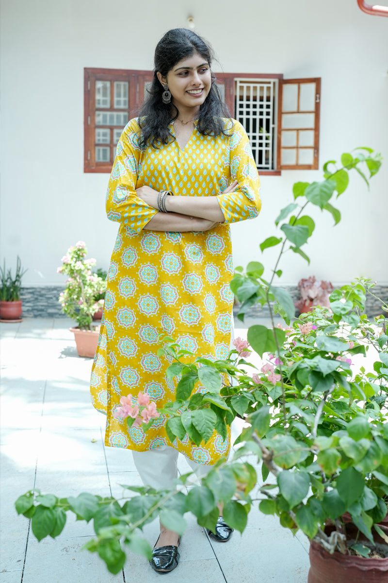 Gulshan Printed  Straight   Yellow Kurta