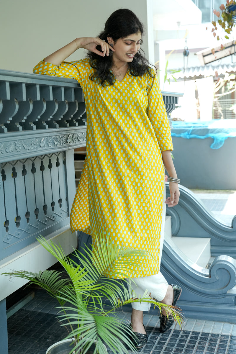Droplet Printed  Yellow kurta