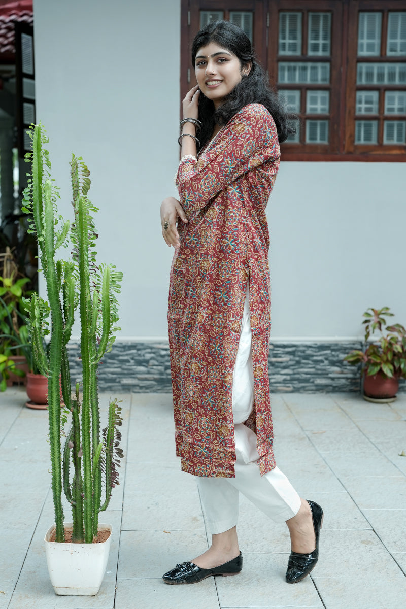 Marigold Printed Maroon Kurta
