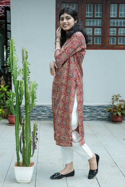 Marigold Printed Maroon Kurta