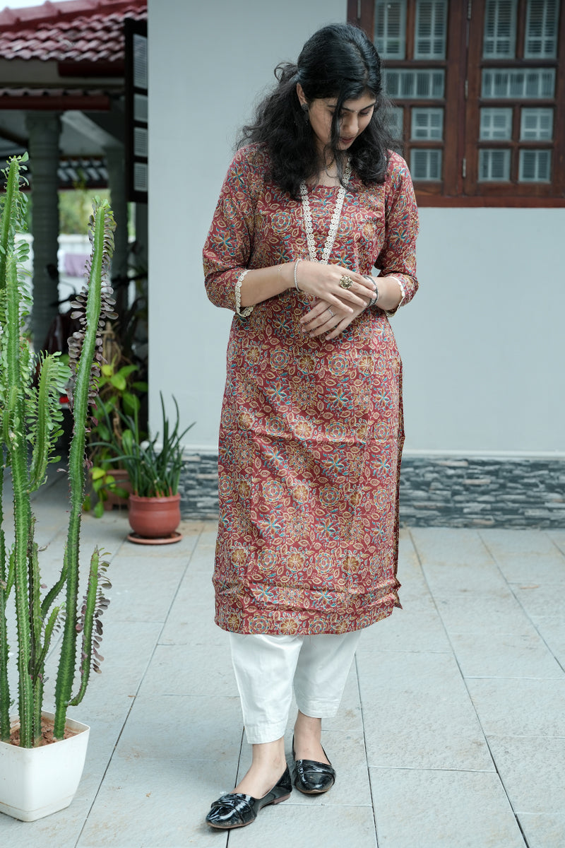 Marigold Printed Maroon Kurta