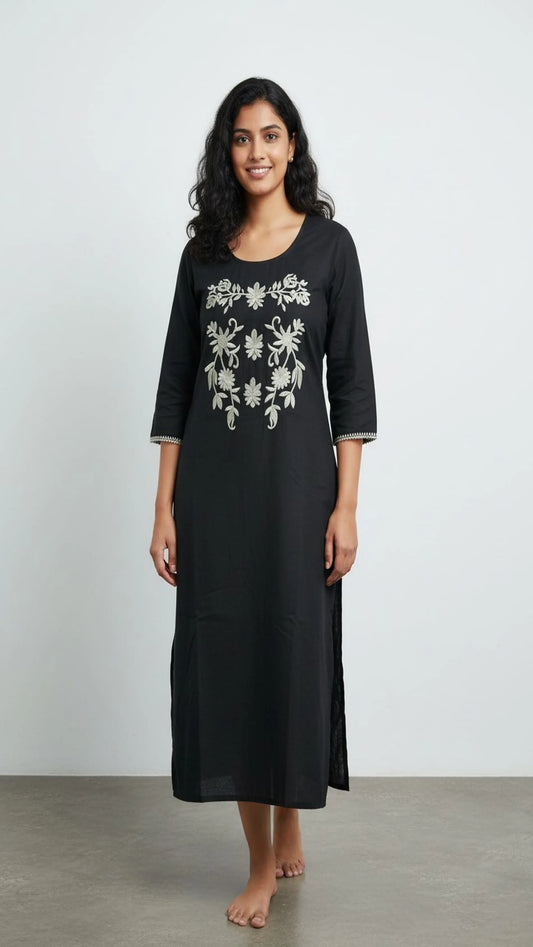 Canoline Black Rose - Pure Black Slub Cotton Embroidered Kurta