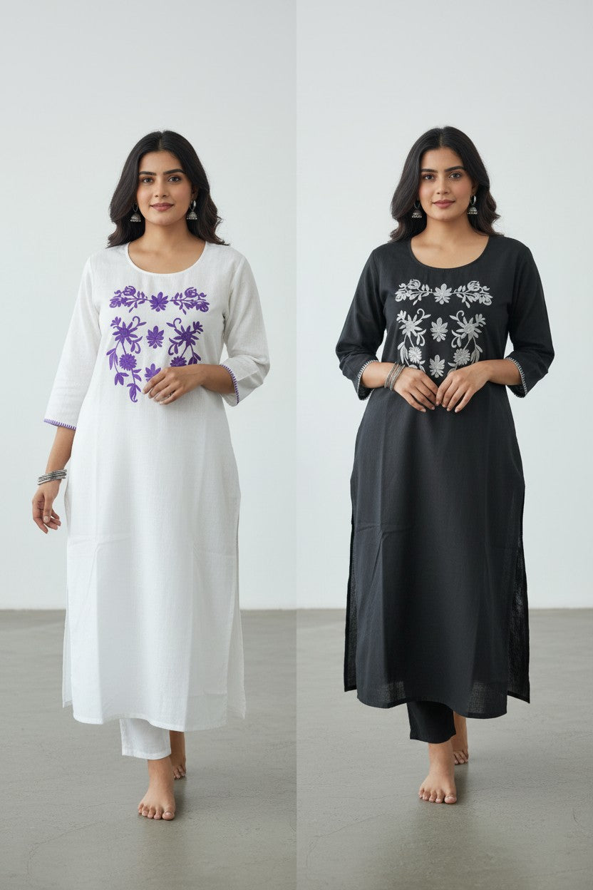 Canoline Black Rose - Pure Black Slub Cotton Embroidered Kurta