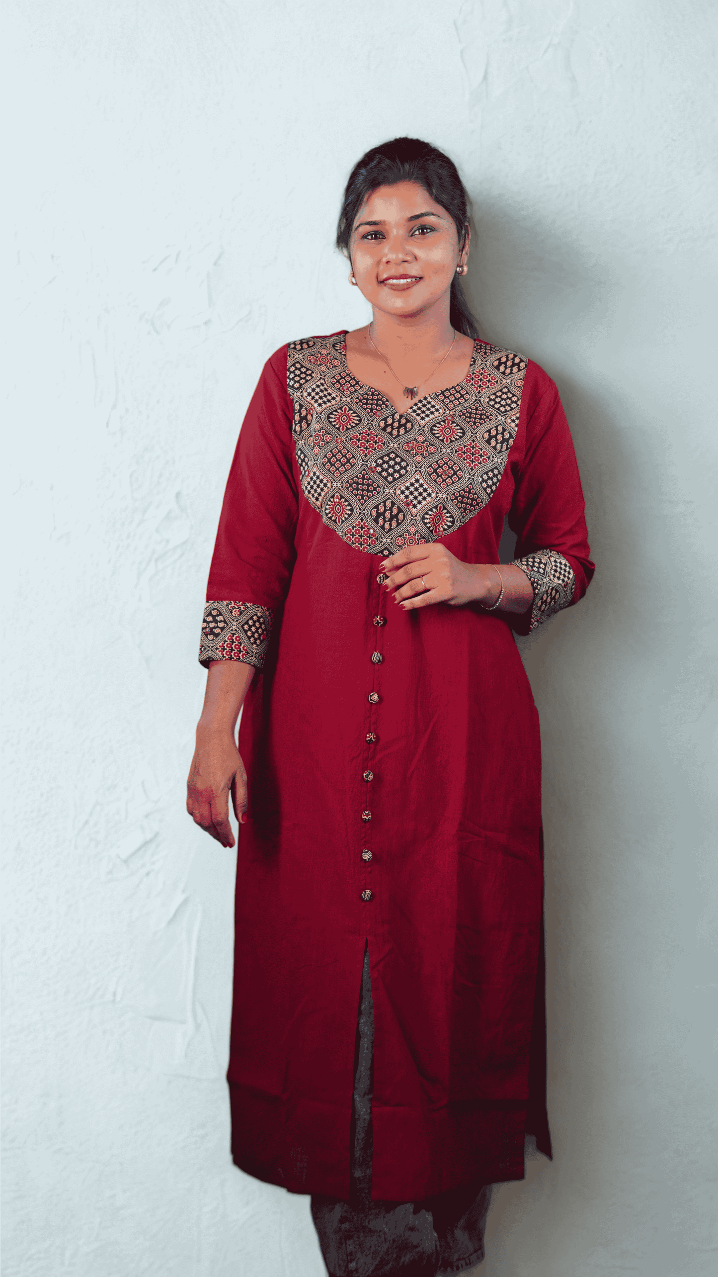 Canoline Orchid -  Pure Slub Cotton Kurta with Ajrakh Neck Design