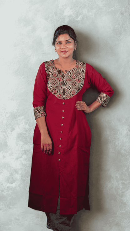 Canoline Orchid -  Pure Slub Cotton Kurta with Ajrakh Neck Design - Brick Red Colour