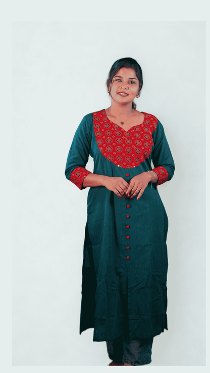 Canoline Orchid -  Pure Slub Cotton Kurta with Ajrakh Neck Design - Green Colour