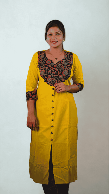 Canoline Orchid -  Pure Slub Cotton Kurta with Ajrakh Neck Design - Brick Red Colour