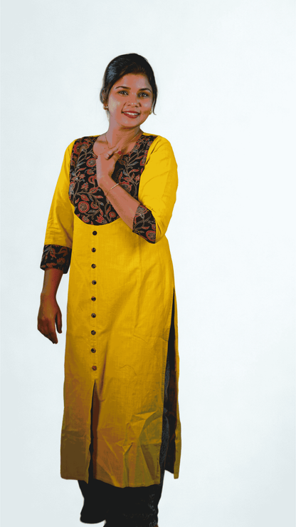 Canoline Orchid -  Pure Slub Cotton Kurta with Ajrakh Neck Design - Brick Red Colour