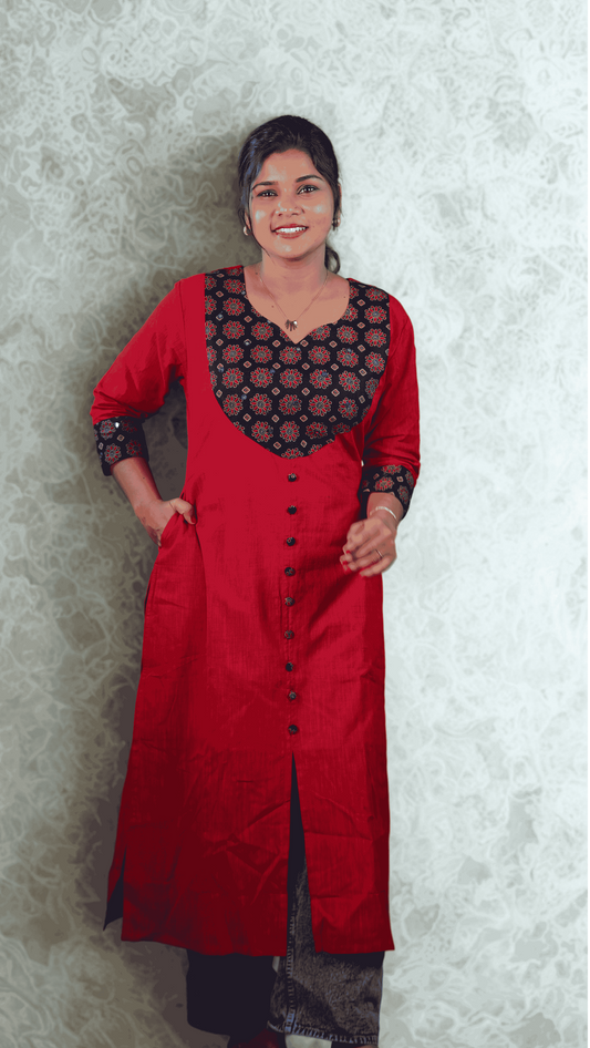 Canoline Orchid -  Pure Slub Cotton Kurta with Black Ajrakh Neck Design