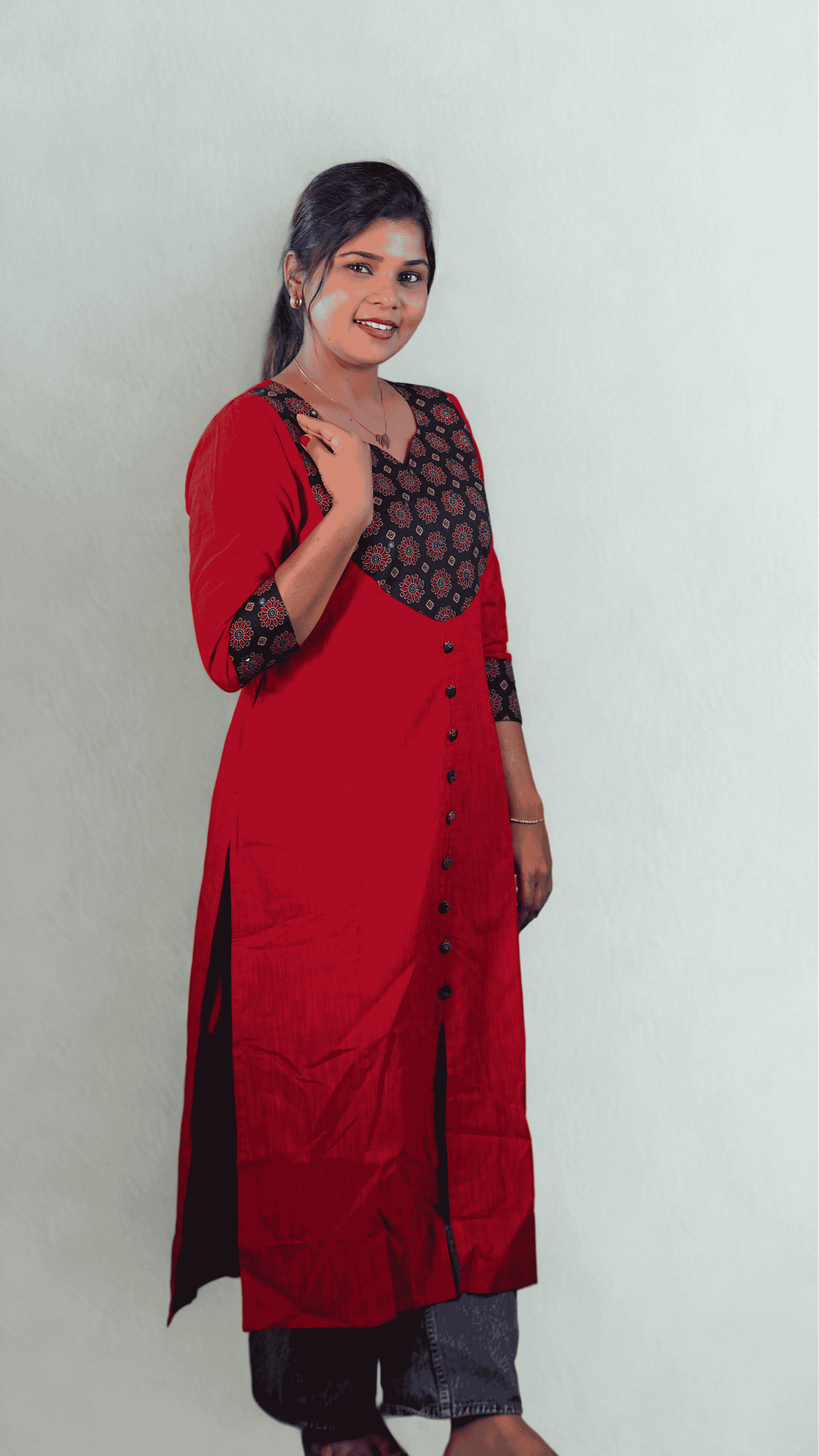 Canoline Orchid -  Pure Slub Cotton Kurta with Black Ajrakh Neck Design