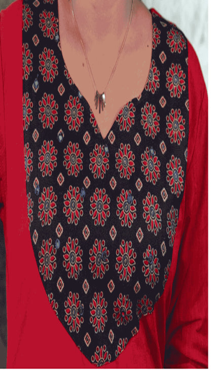Canoline Orchid -  Pure Slub Cotton Kurta with Black Ajrakh Neck Design